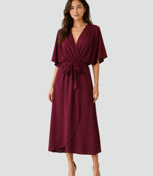Women's Flutter Sleeve Midi Dress with a Wrap Front