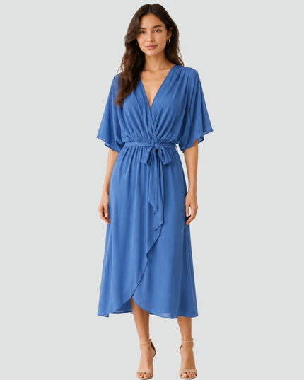 Women's Flutter Sleeve Midi Dress with a Wrap Front