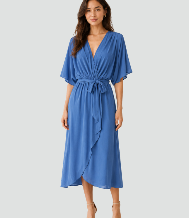 Women's Flutter Sleeve Midi Dress with a Wrap Front