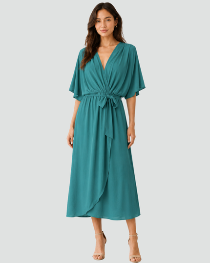 Women's Flutter Sleeve Midi Dress with a Wrap Front