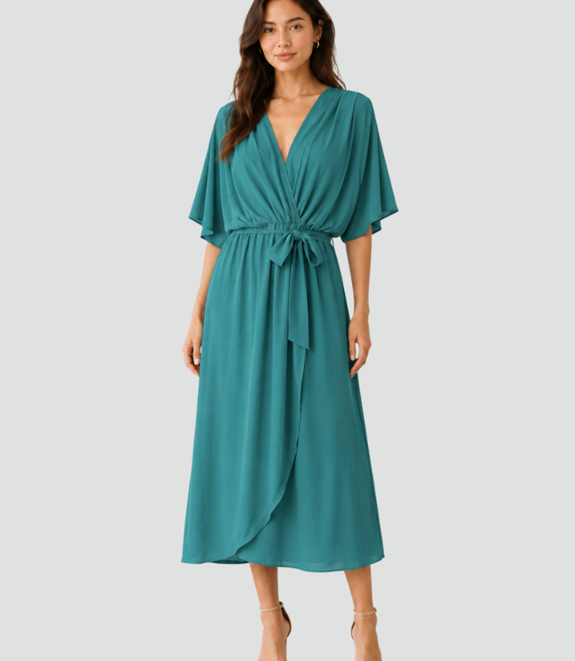 Women's Flutter Sleeve Midi Dress with a Wrap Front