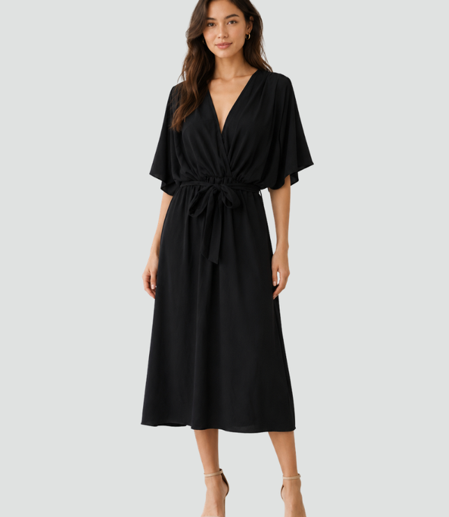 Women's Flutter Sleeve Midi Dress with a Wrap Front