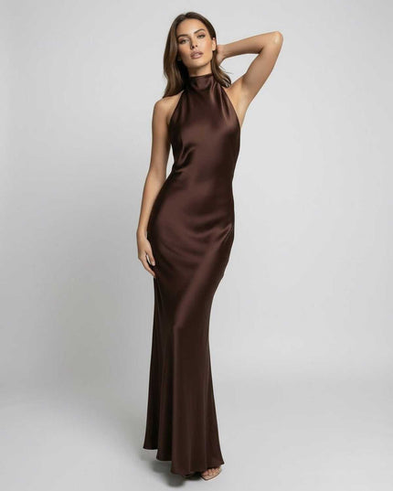 Women's Formal Brown Satin Maxi Dress - product image 3