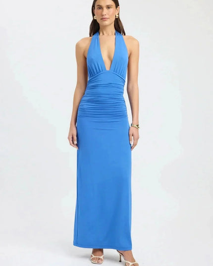 Front view of burgundy formal maxi halter dress with plunging neckline and gathered waist