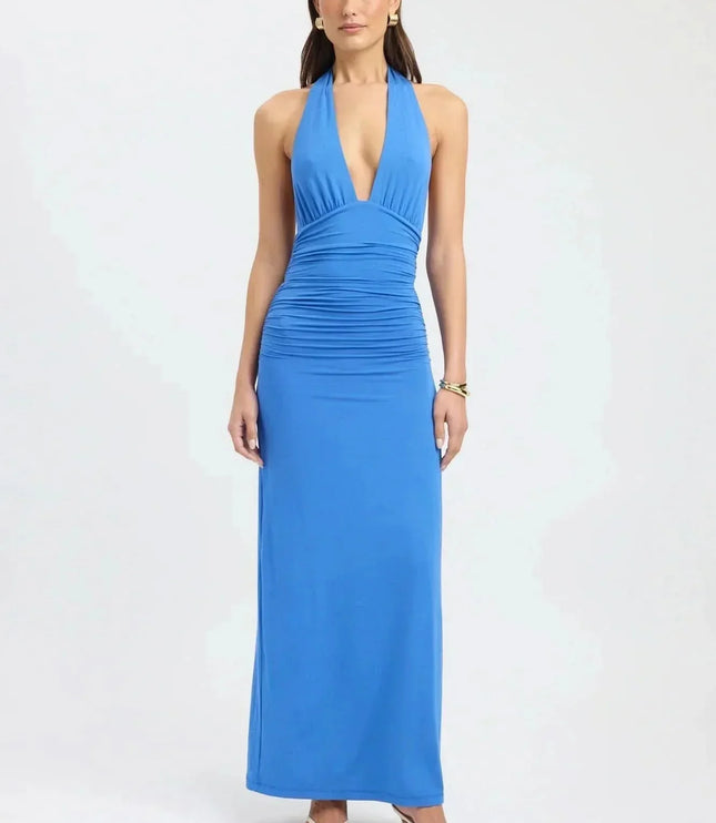Front view of burgundy formal maxi halter dress with plunging neckline and gathered waist