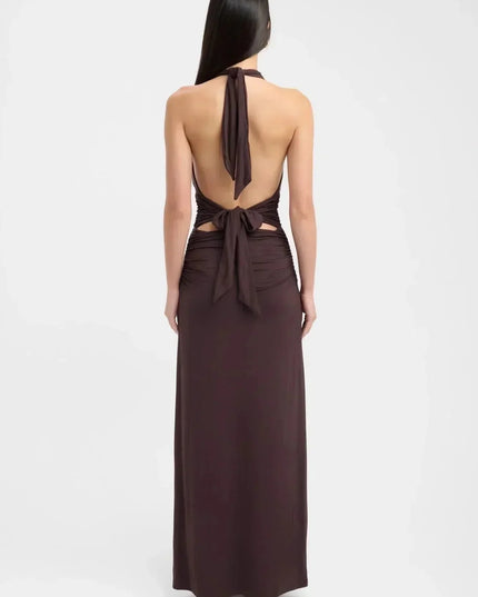 Back view of a dark brown formal maxi dress with open back and tie halter straps