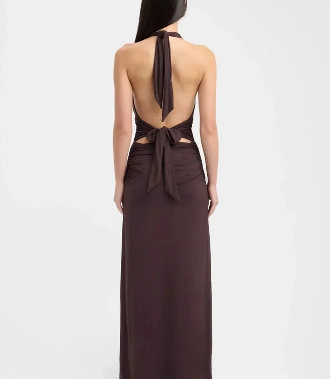 Back view of a dark brown formal maxi dress with open back and tie halter straps