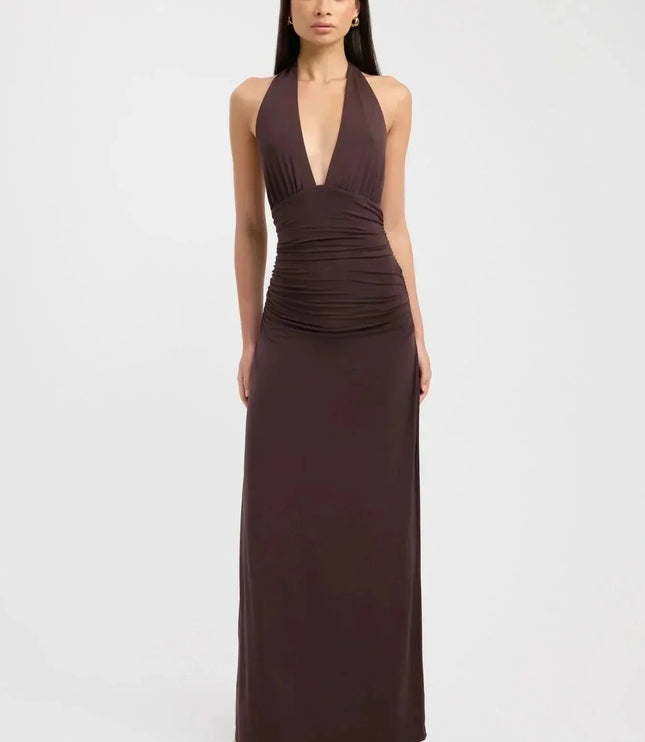 Front view of dark brown halter maxi dress with deep V neckline and ruched bodice
