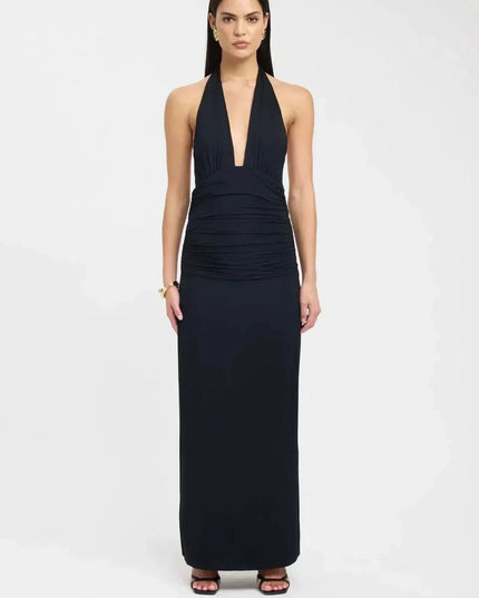 Front view of a black halter top maxi dress with deep plunge neckline and ruched bodice