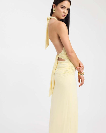 Front view of a red halter maxi dress with deep V neckline and fitted ruched waist