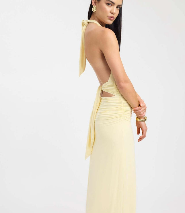 Front view of a red halter maxi dress with deep V neckline and fitted ruched waist