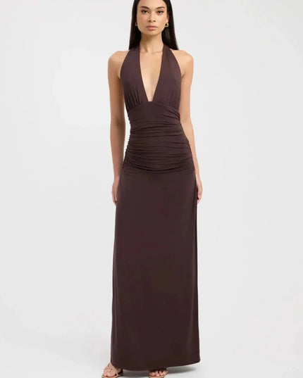 Front view of a dark brown halter maxi dress with deep V neckline and ruched waist