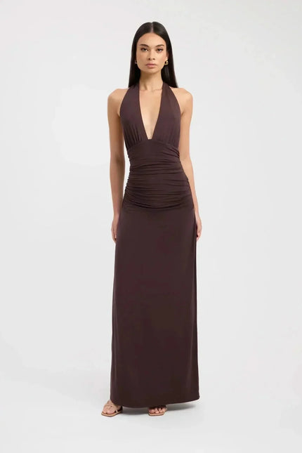 Front view of a dark brown halter maxi dress with deep V neckline and ruched waist