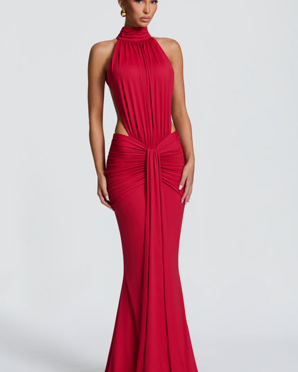Front close-up of a red halter maxi dress with draped neckline and ruched waist detail