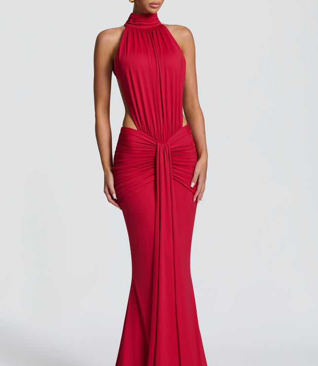 Front close-up of a red halter maxi dress with draped neckline and ruched waist detail