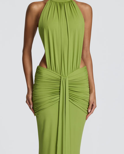 Close-up front of green halter dress with gathered neckline and ruched bodice