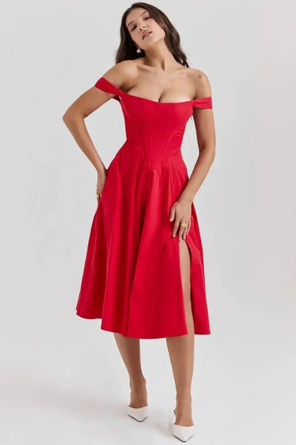 Red off shoulder midi dress with corset-style waist, V seam detail, and front slit