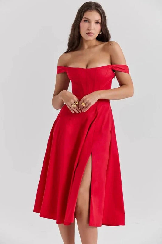 Red off shoulder midi dress with fitted bodice, front slit, and flared formal skirt