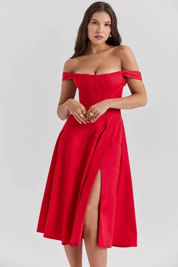 Red off shoulder midi dress with fitted bodice, front slit, and flared formal skirt