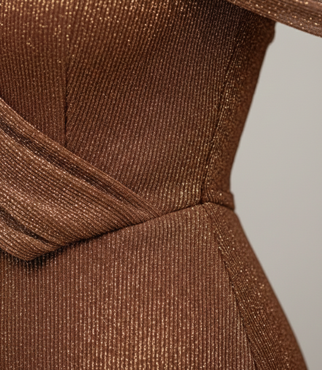 Back view of brown formal maxi dress with one shoulder drape and sleek fitted skirt