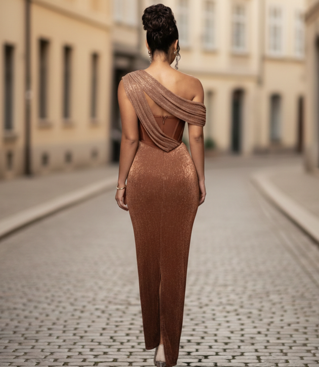 Women's formal one shoulder maxi dress in green with shimmering fabric and side sash detail