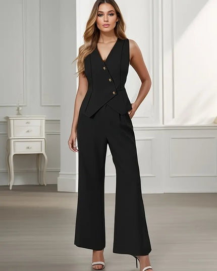 Brown sleeveless vest and wide leg pants set with matching clutch in a formal outfit