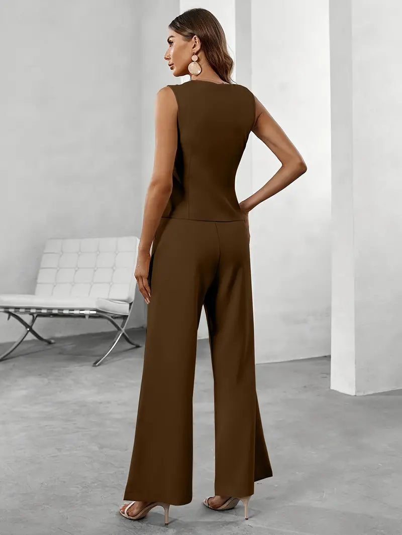 Black sleeveless vest and wide leg pants set shown in a bright formal room with tailored fit