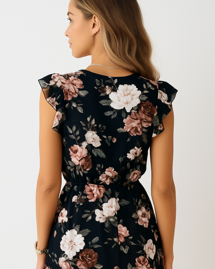 Back view of black floral midi dress with flutter sleeves and cinched waist
