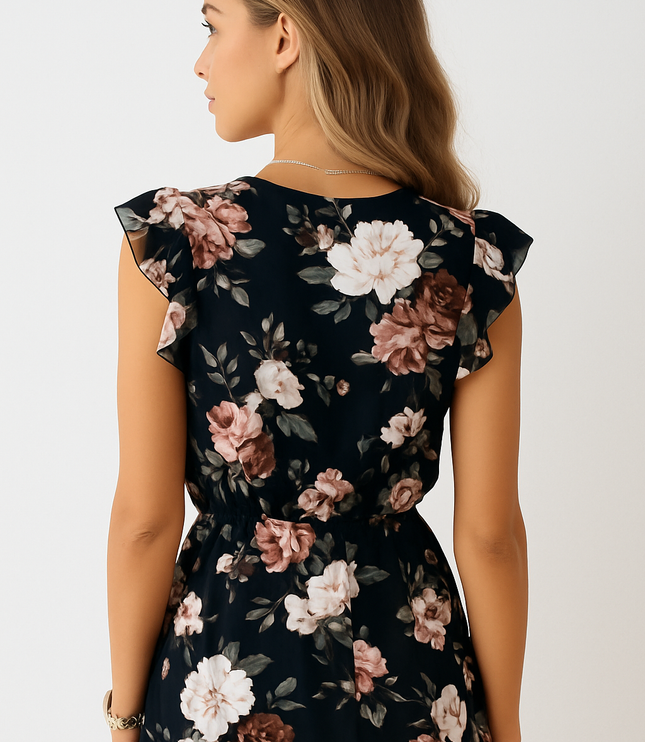 Back view of black floral midi dress with flutter sleeves and cinched waist