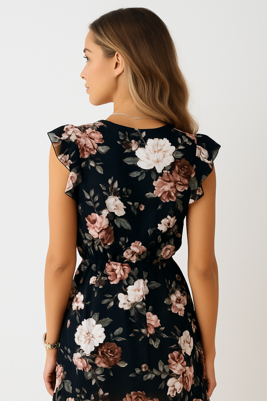 Back view of black floral midi dress with flutter sleeves and cinched waist