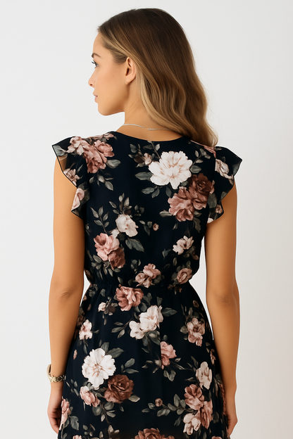 Back view of black floral midi dress with flutter sleeves and cinched waist