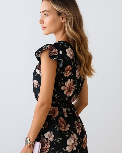 Side view of women's black floral summer dress with flutter sleeves and midi length
