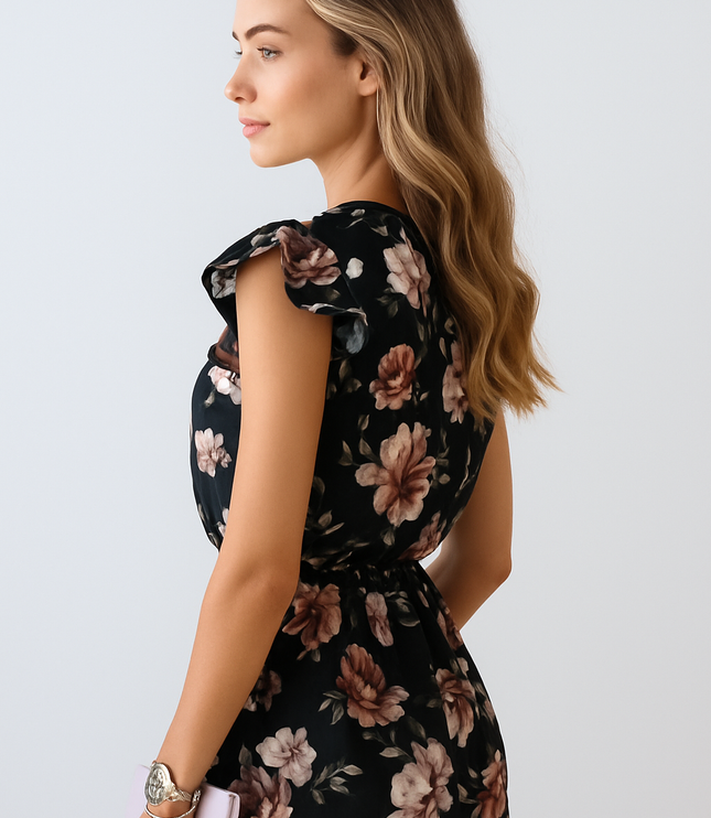 Side view of women's black floral summer dress with flutter sleeves and midi length