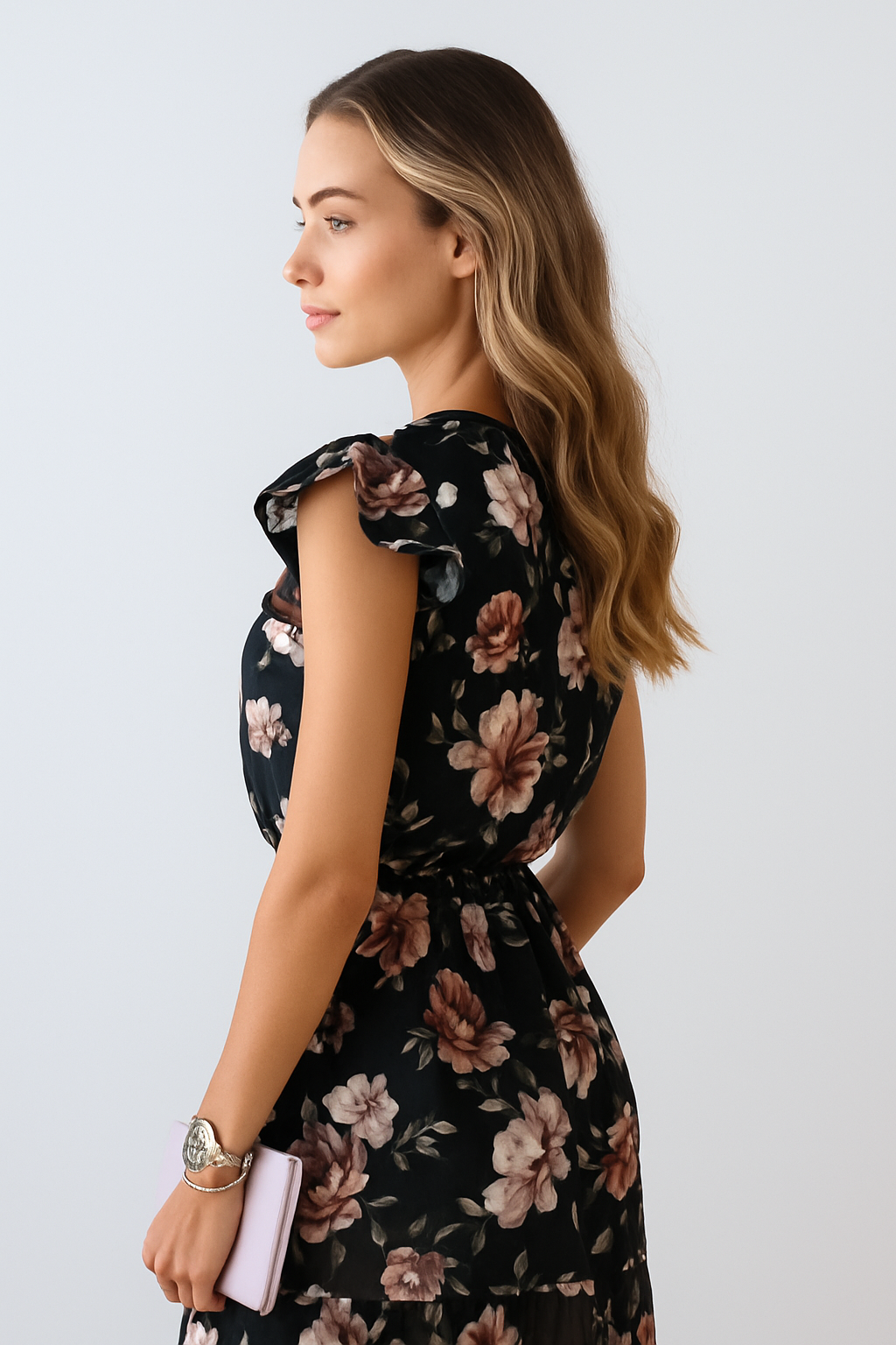 Side view of women's black floral summer dress with flutter sleeves and midi length