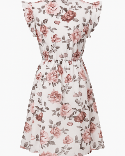 White floral flutter sleeve midi dress with pink flower print and fitted waist