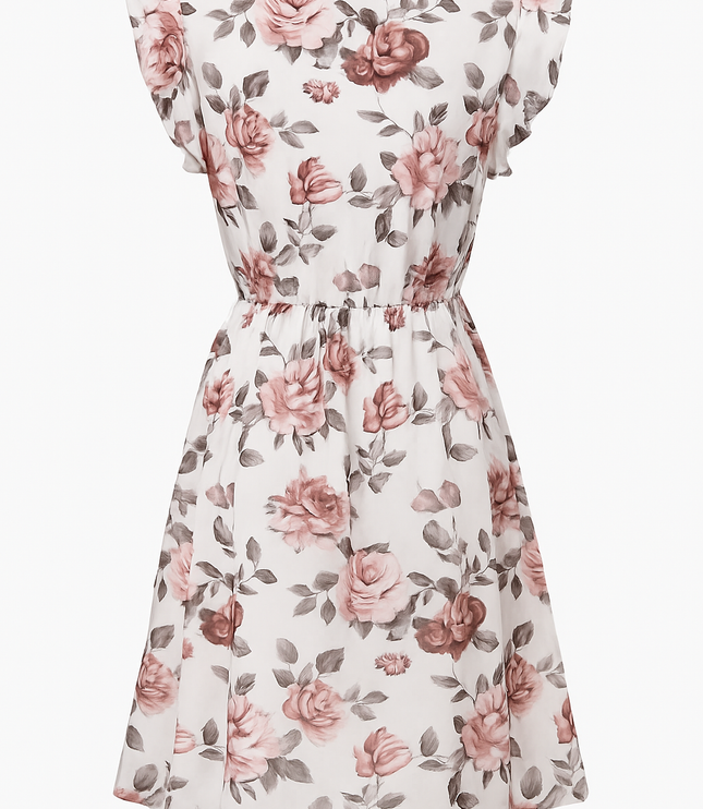 White floral flutter sleeve midi dress with pink flower print and fitted waist