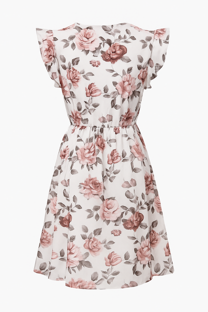 White floral flutter sleeve midi dress with pink flower print and fitted waist