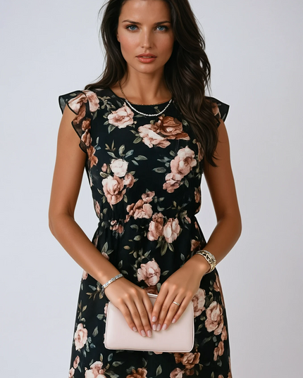 Women's floral flutter sleeve midi dress in black with pink blossoms, front view