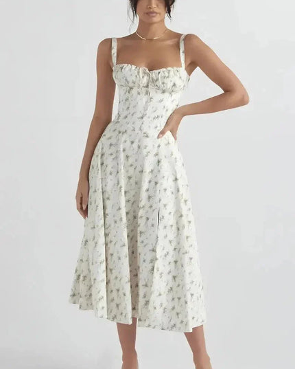 Front view of white floral midi dress with fitted bodice and wide skirt