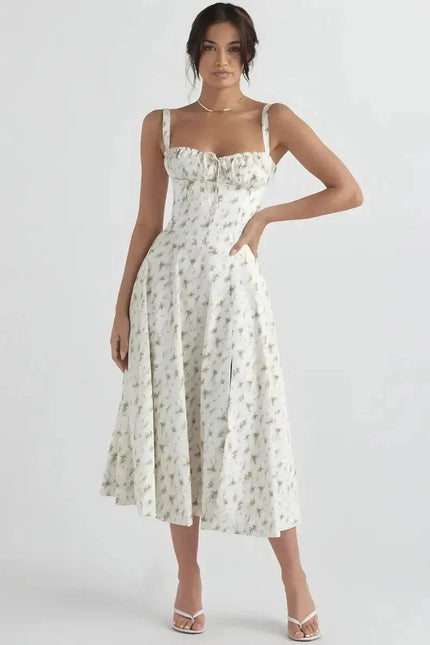 Front view of white floral midi dress with fitted bodice and wide skirt