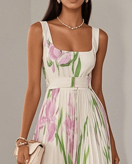 Close-up of floral sleeveless maxi dress with square neckline, waist band and pink flower print