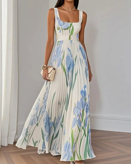 Women's summer floral sleeveless maxi dress in blue and green print with square neckline and pleats