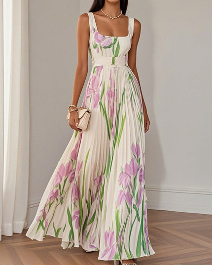 Women's floral sleeveless maxi dress with pink and green print, square neckline and pleated skirt