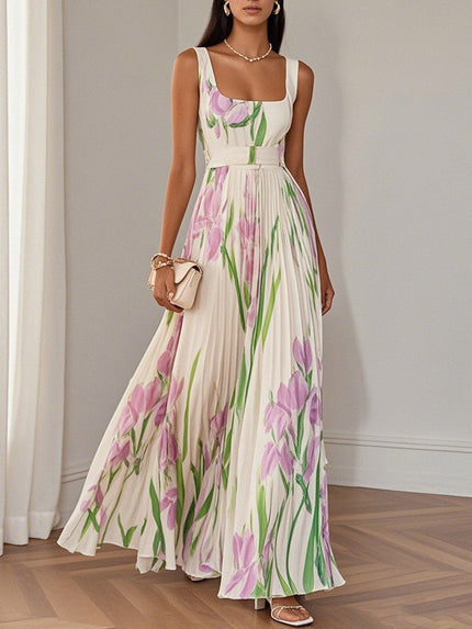 Women's floral sleeveless maxi dress with pink and green print, square neckline and pleated skirt