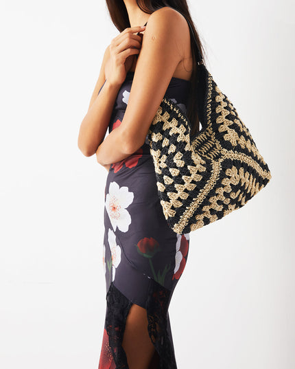 Women's Geometric Print Shoulder Bag in Black and Cream