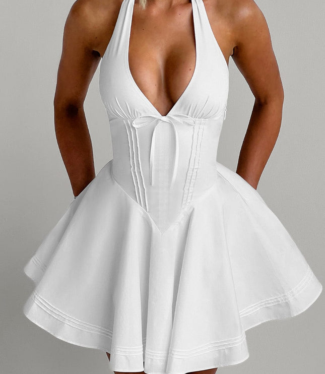 Women's Gingham Halter Plunge Mini Summer Dress