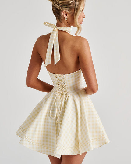 Women's Gingham Halter Plunge Mini Summer Dress