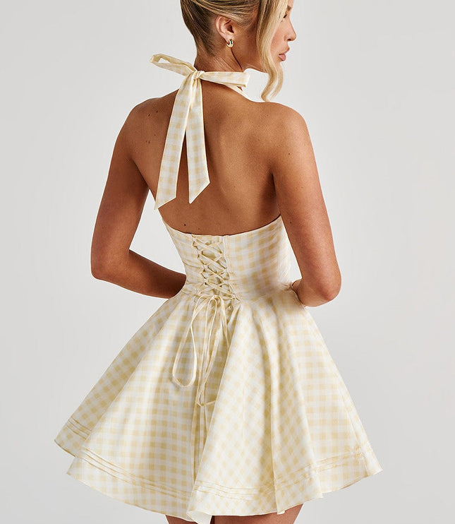 Women's Gingham Halter Plunge Mini Summer Dress