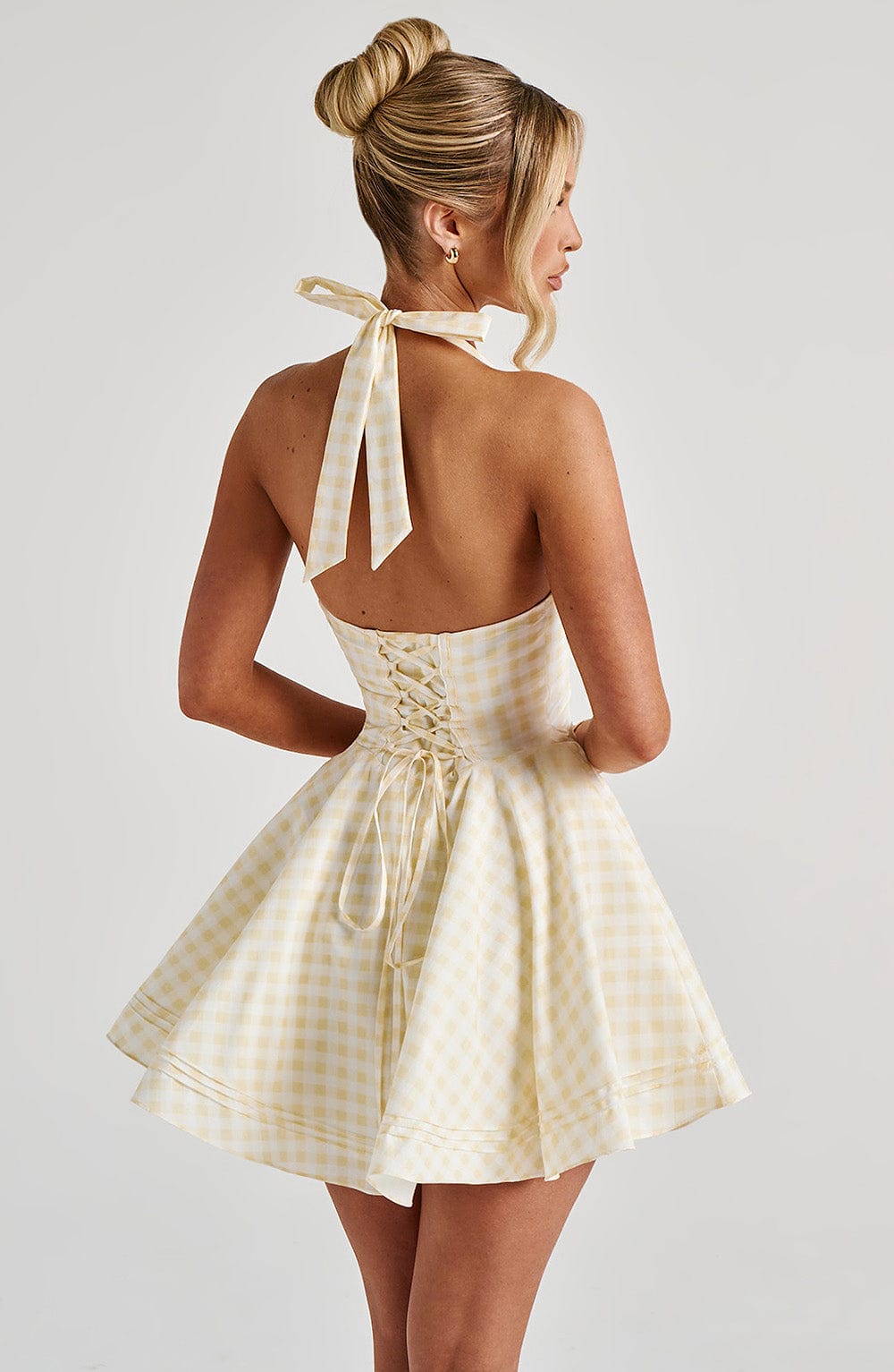 Women's Gingham Halter Plunge Mini Summer Dress