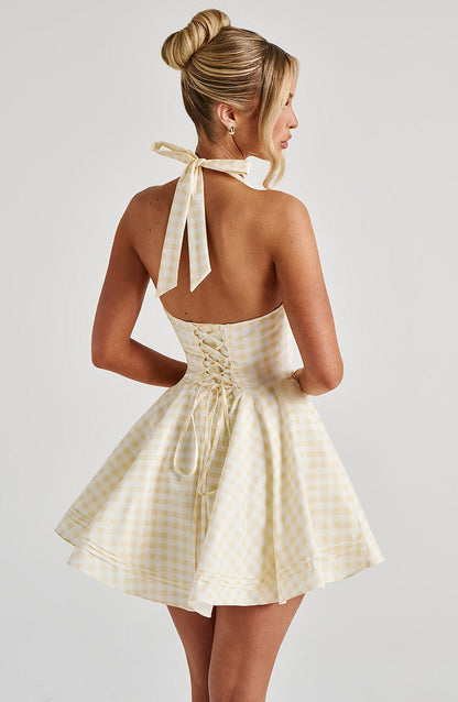 Women's Gingham Halter Plunge Mini Summer Dress